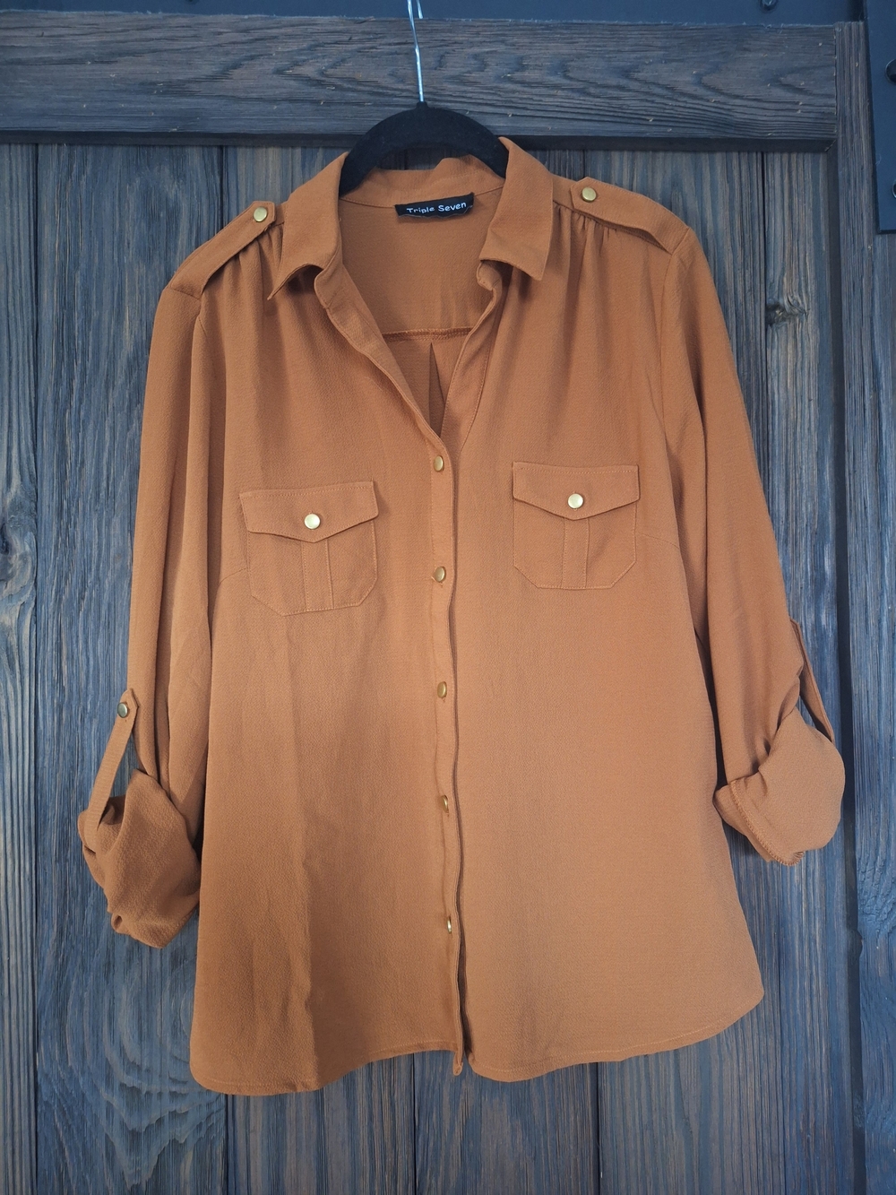 Triple 7 Button-Front Utility Blouse in Burnt Orange